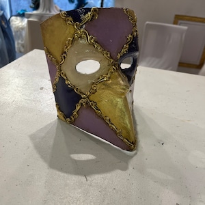 Venetian papier-mâché Bauta Casanova mask with gold leaf and baroque decorations