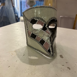 Venetian papier-mâché Bauta Casanova mask with gold leaf and baroque decorations