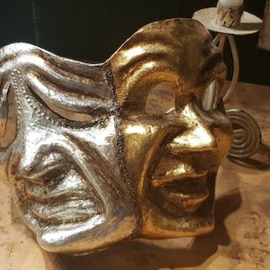 Tragicomic Venetian Double Mask Of Commedia Dell Arte in Silver Leaf and Gold Leaf,hand made,venetian mask,paper mache