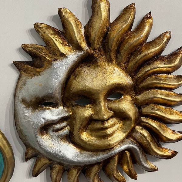 Sun Moon Venetian papier-mâché mask, handmade medium size and hand painted in gold leaf and silver leaf