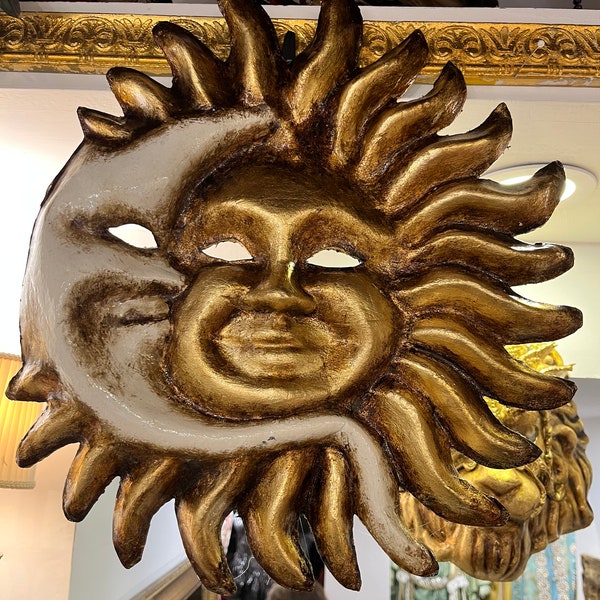 Sun Moon Venetian papier-mâché mask, handmade medium size and hand painted in gold leaf and silver leaf