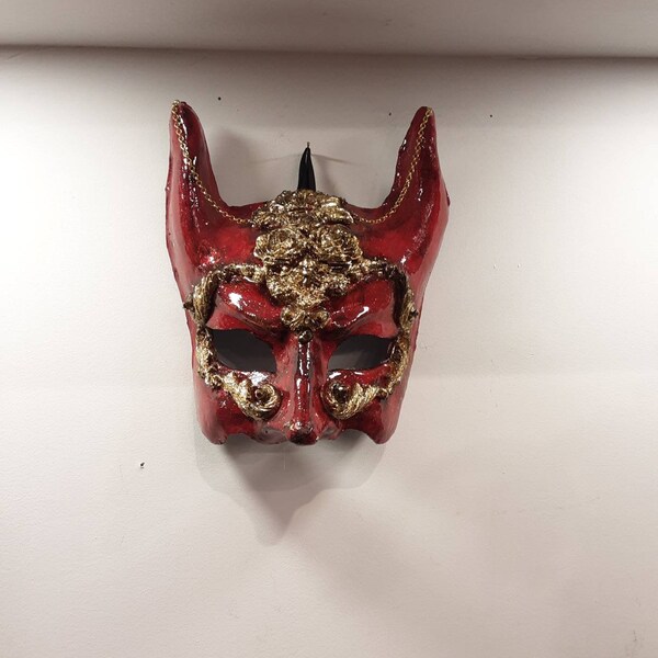 Venetian Devil mask in papier-mâché hand painted and baroque decorations, hand made, paper mache, venetian mask, halloween