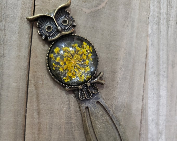 Yellow Flower Owl Antique Bronze Bookmark, Unique Bookmark, Cool Gift, Cabochon  Bookmark,  Bird Bookmark