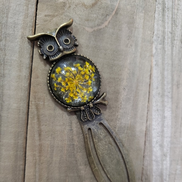 Yellow Flower Owl Antique Bronze Bookmark, Unique Bookmark, Cool Gift, Cabochon  Bookmark,  Bird Bookmark