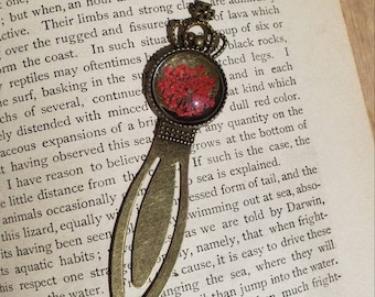 Antique Bronze Bookmark: Real Dried Red Flowers
