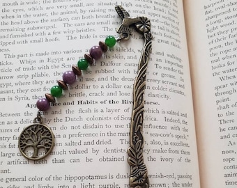 Antique Bronze Metal Hummingbird Hook Bookmark with Natural Gemstones and Tree Of Life Charm