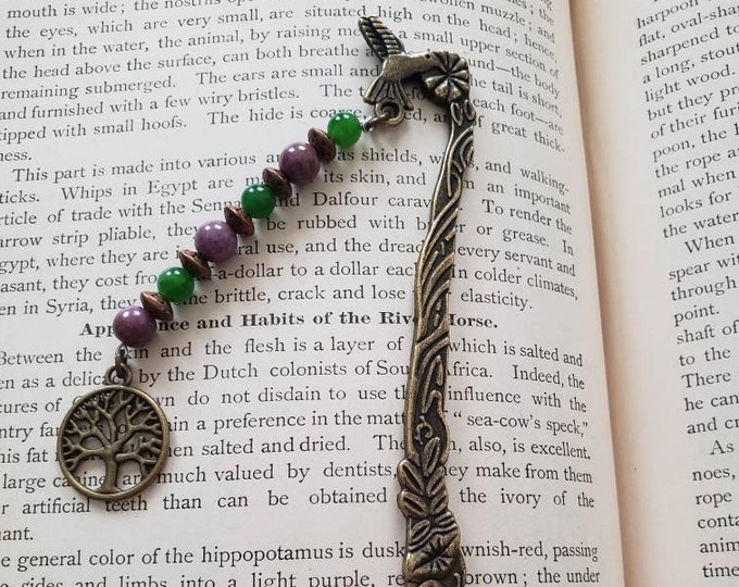 Antique Bronze Metal Hummingbird Hook Bookmark with Natural Gemstones and Tree Of Life Charm