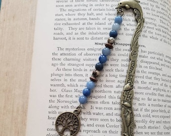 Antique Bronze Metal Dolphin Hook Bookmark with Natural Gemstones and Tree of Life Charm