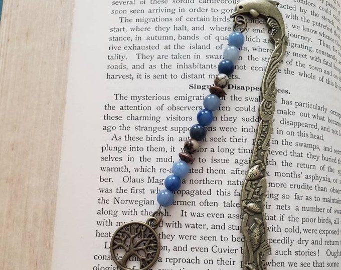 Antique Bronze Metal Dolphin Hook Bookmark with Natural Gemstones and Tree of Life Charm