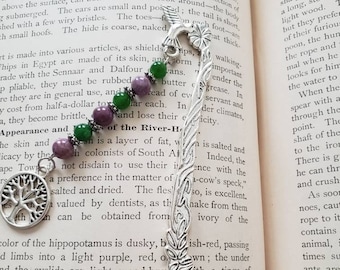 Beaded bookmark, Silver Metal Hummingbird Hook bookmark with tree of life charm and Natural gemstones