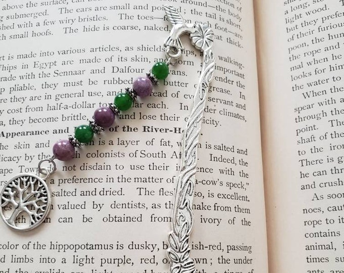 Beaded bookmark, Silver Metal Hummingbird Hook bookmark with tree of life charm and Natural gemstones