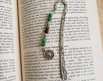 Green Beaded Sun Bookmark, Natural Gemstone Metal Bookmark