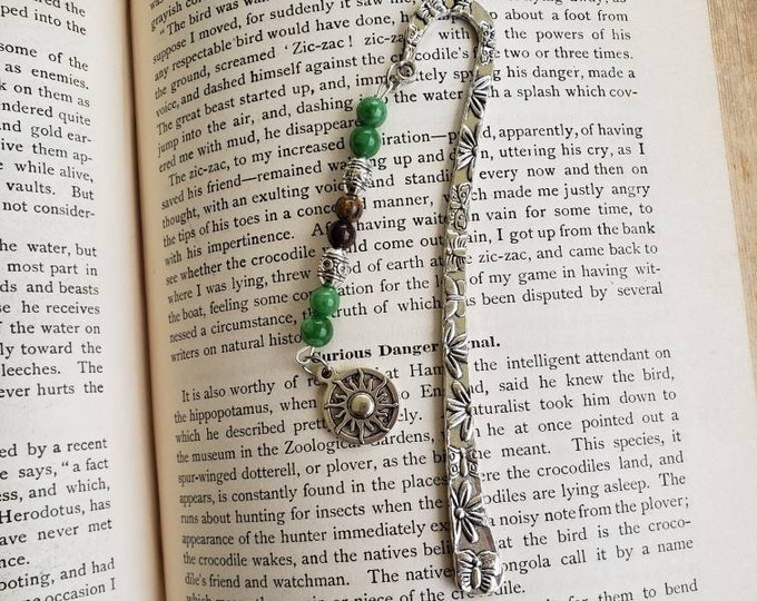 Green Beaded Sun Bookmark, Natural Gemstone Metal Bookmark