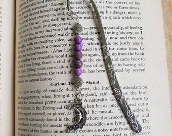Purple Beaded Moon Bookmark, Natural Gemstones Metal Bookmark
