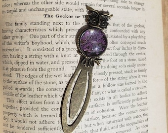 Bronze Owl Bookmark: Antique Metal, Pressed Purple Flower