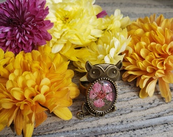 Dried Pink Flower Owl Antique Bronze Adjustable Cabochon Ring