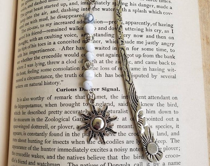 White Beaded Sun Bookmark, Natural Gemstone Metal Bookmark