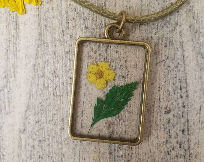 Yellow Flower Resin Pendant Necklace, Pressed Flower Jewelry