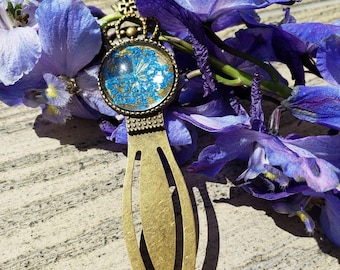 Blue Flower Bookmark: Antique Bronze Metal Bookmark with Pressed Flowers