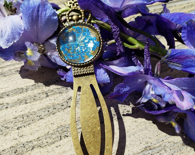 Blue Flower Antique Bronze Bookmark, metal bookmark, great gift, Floral Bookmark