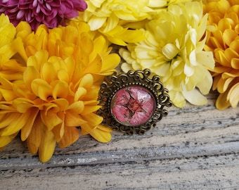 Dried Pink Flower Antique Bronze Adjustable Cabochon Ring