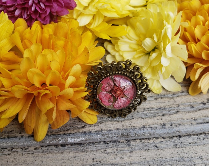 Dried Pink Flower Antique Bronze Adjustable Cabochon Ring