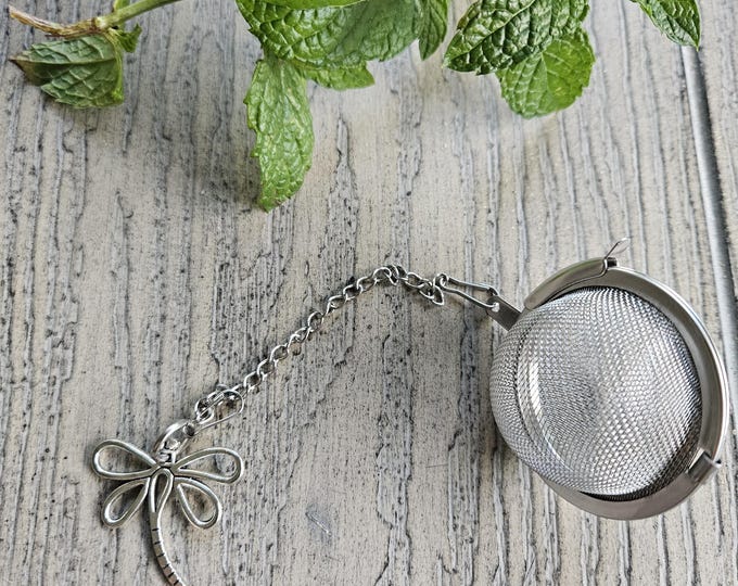 Stainless steel loose leaf tea strainer with dragonfly charm