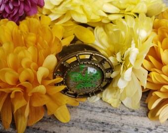 Dried Green Flower Antique Bronze Adjustable Cabochon Ring