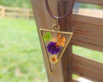 Triangle Dried Flower Resin Pendant Necklace, pressed flower jewelry