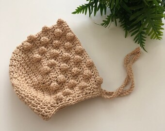Gorro de bebé con pompón, gorro de ganchillo con pompón, gorro para recién nacidos hasta los 12 meses, gorro de algodón hecho a mano, gorro de bebé vintage, tono tierra