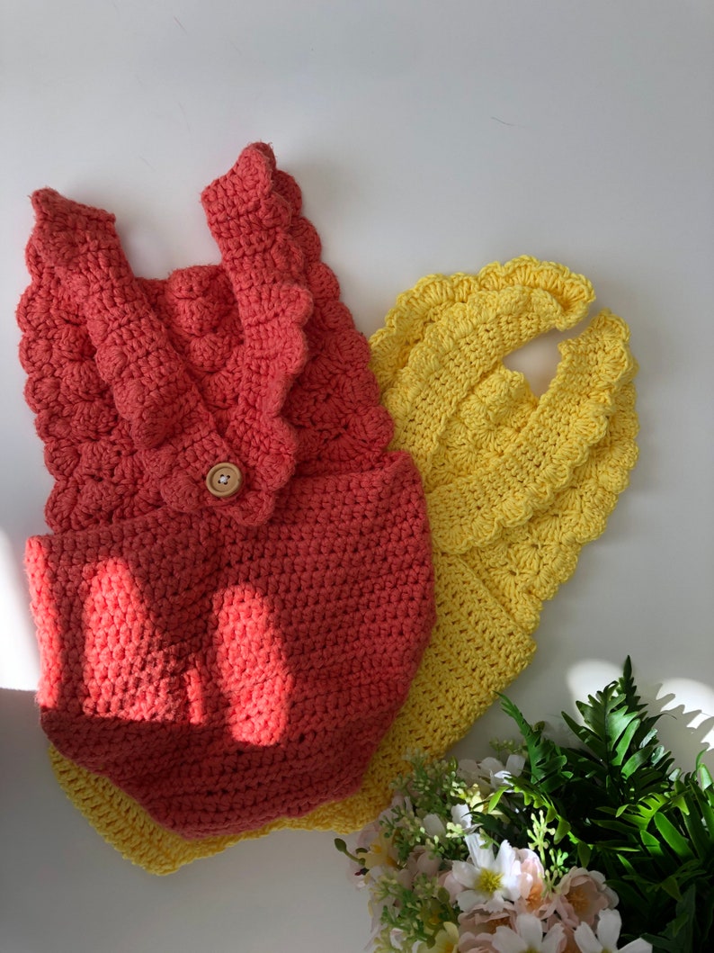 Crochet PATTERN - Shell Ruffle Romper / baby overalls/ romper pattern (3-6, 6-9, 9-12 months sizes), English version image 7