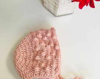 Bobble Bonnet, Handmade (3-6) Months Size, Modern Crochet Pink