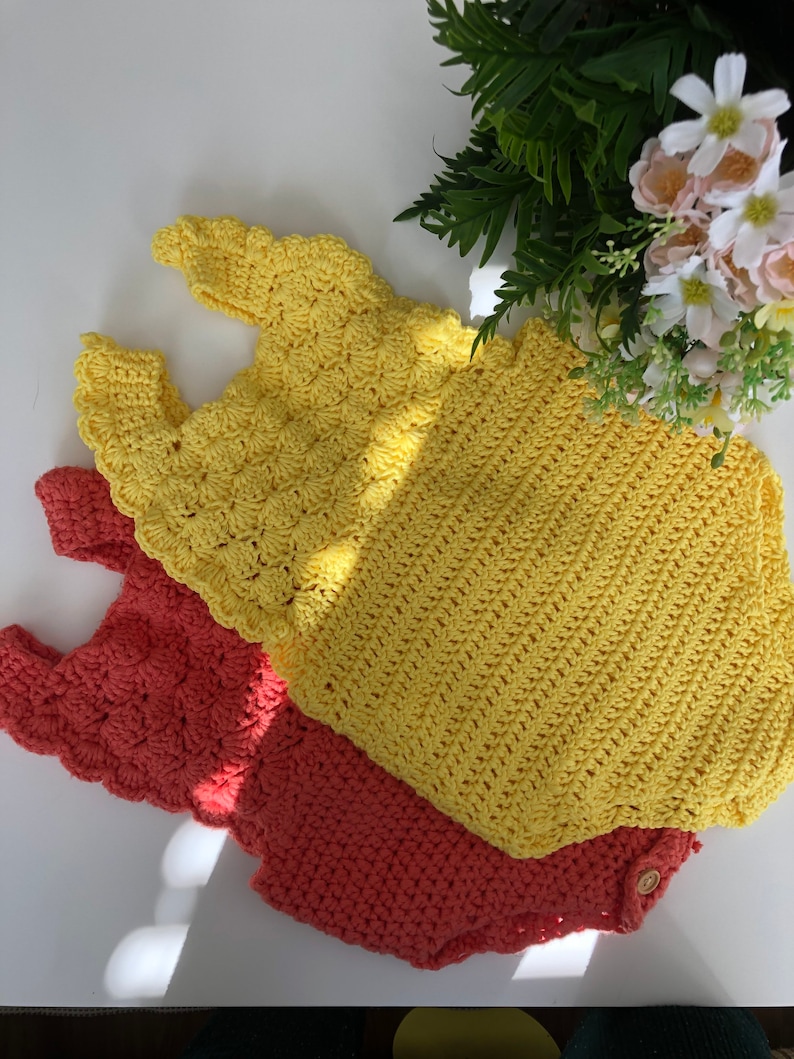 Crochet PATTERN - Shell Ruffle Romper / baby overalls/ romper pattern (3-6, 6-9, 9-12 months sizes), English version image 10