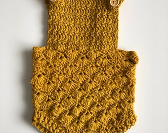 Baby Girl Romper, Crochet Romper, Mustard Colour Overalls, 6-12 Months Romper, Gift For Baby Girl, Vintage Handmade 100% Cottonmade