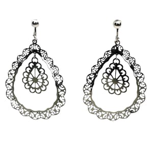Clip on 2 1/2&quot; silver lightweight cutout round edge teardrop earrings