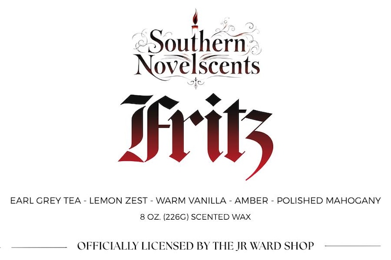 May include: A white label with the text "Southern Novelscents" and the name "Fritz" in a gothic font. Below, it lists scents like Earl Grey Tea and Amber. It is an 8 oz (226g) scented wax product, officially licensed.