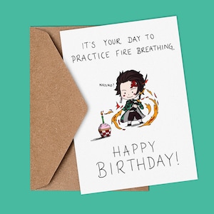 Biglietto d'auguri di compleanno ispirato agli anime, formato A6, con tema fuoco e spadaccino.