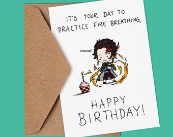 Anime card, Cute A6, Anime, Manga, Fire, Swordsman, Inspired Birthday Greeting Card.