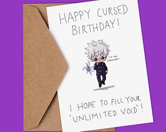 Biglietto anime, simpatico A6, anime, manga, sourcerer, biglietto di auguri di compleanno ispirato alla maledizione.