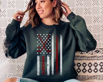 Hockey American Flag Sweatshirt - Hoody, Gift For Hockey Lover, Hockey Player Gift Hockey Lover Mom Hockey Life Shirt Funny Ice Hockey Gift