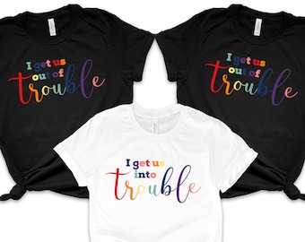 Eu me coloco em apuros, eu me livro de problemas, camisas de melhores amigos, camisas de melhores amigos, camisas engraçadas combinando, camisas encrenqueiras