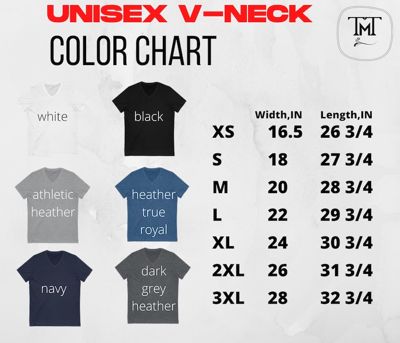 May include: Unisex V-neck t-shirt color chart with size and measurement information in inches. The chart shows 10 different colors: white, black, athletic heather, heather true royal, navy, dark grey heather, red, green, yellow, and orange.