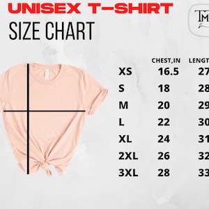 May include: Unisex t-shirt size chart with measurements in inches for chest and length. The chart shows sizes XS through 3XL.