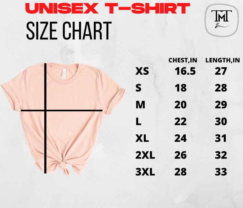 May include: Unisex t-shirt size chart with measurements in inches for chest and length. The chart shows sizes XS through 3XL.