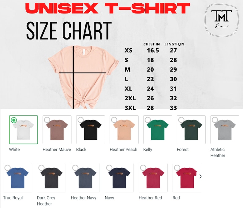 May include: Unisex t-shirt size chart with measurements in inches. The chart shows the chest and length measurements for sizes XS to 3XL. The image also shows a variety of t-shirt colors, including white, heather mauve, black, heather peach, kelly green, forest green, athletic heather, true royal, dark grey heather, heather navy, navy, heather red, and red.