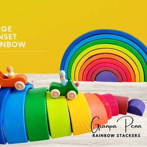 Großer hölzerner Sonnenuntergang Grimms Stil Regenbogen Stacker Spielzeug, Waldorf Regenbogen Stacker, Regenbogen Holzpuzzle, Kinderzimmer, Montessori Spielzeug