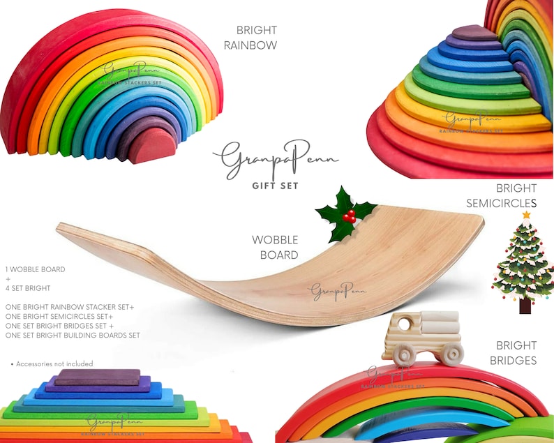 Puede incluir: Un juego de juguetes de madera con un apilador de arco&iacute;ris, semic&iacute;rculos, puentes y tableros de construcci&oacute;n. El juego incluye una tabla oscilante y un peque&ntilde;o cami&oacute;n de madera. El texto "Bright Rainbow" y "Bright Semicircles" son visibles.