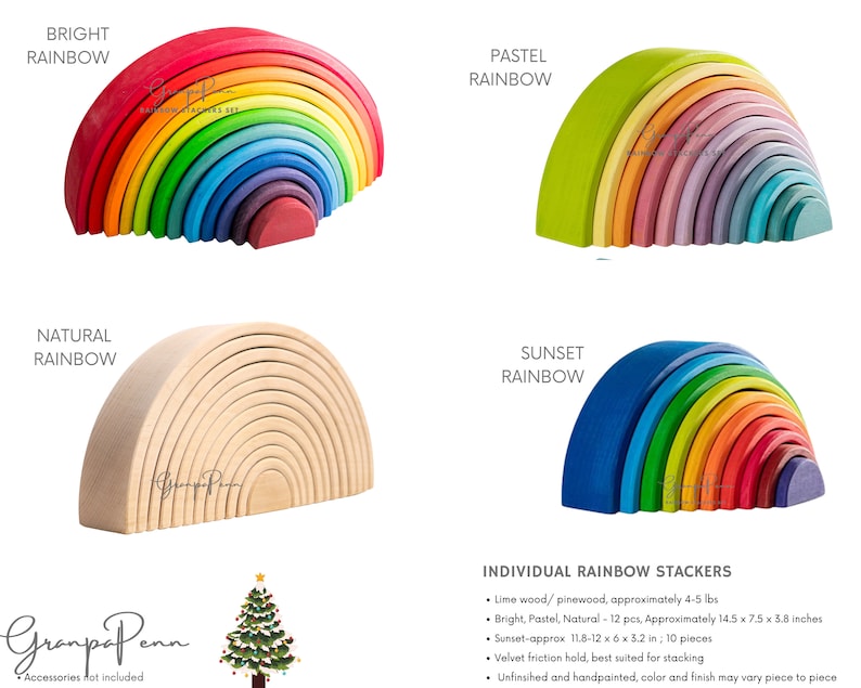 Puede incluir: Apiladores de arco&iacute;ris de madera en cuatro esquemas de color: brillante, pastel, natural y atardecer. El arco&iacute;ris brillante presenta colores vibrantes. La versi&oacute;n pastel tiene tonos suaves. El apilador natural es de madera sin pintar. El arco&iacute;ris del atardecer va del azul al rojo. Miden aprox. 37 x 19 x 10 cm.