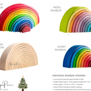 May include: Set of four rainbow stackers made of wood. The stackers are in the colors bright, pastel, natural, and sunset. Each stacker is made of 12 pieces and is approximately 14.5 inches wide, 7.5 inches tall, and 3.8 inches deep. The stackers are made of lime wood or pinewood and weigh approximately 4-5 pounds.