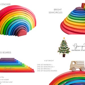 May include: A set of rainbow-colored wooden stacking arches, semicircles, building boards, and bridges. The set includes 4 different types of wooden toys, all in rainbow colors. The set is made of lime wood and weighs 9 pounds.